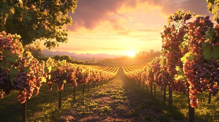 A serene vineyard under a vibrant sunset sky.