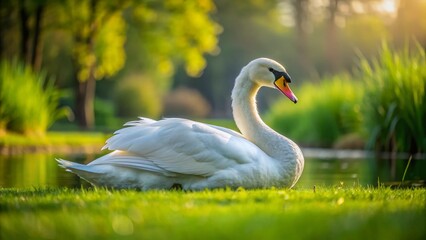 Elegant White Swan Resting in Bruges Grassland - Panoramic View