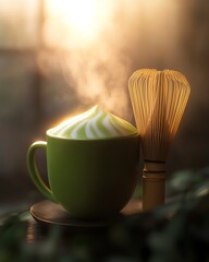 A steaming matcha cup with a whisk.