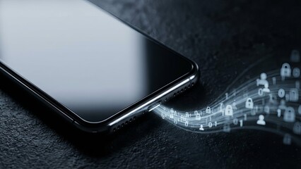 Smartphone emitting a glowing stream of binary, padlocks and user icons to represent mobile data transfer, encryption, privacy and cybersecurity in modern connected systems