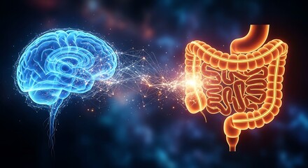Medical illustration of the gut-brain axis connection showing neural pathways between the brain and digestive system