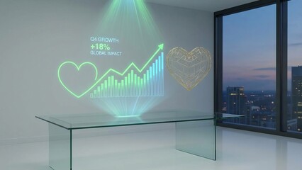Holographic projection on a glass table displaying q4 financial growth and global impact data, alongside a health metric and a golden geometric heart, in a modern office overlooking a city