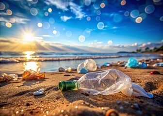 Empty Beach Pollution: Plastic Waste and Blue Sky Bokeh