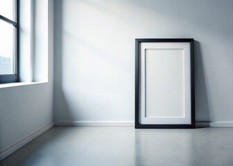 Empty Black Frame Mockup on White Wall, Office Copy Space - Generative AI Stock Photo