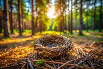 Empty Bird Nest on Forest Floor - Pine Needles & Sunlight