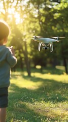 Child flies drone in sunlit park environment.