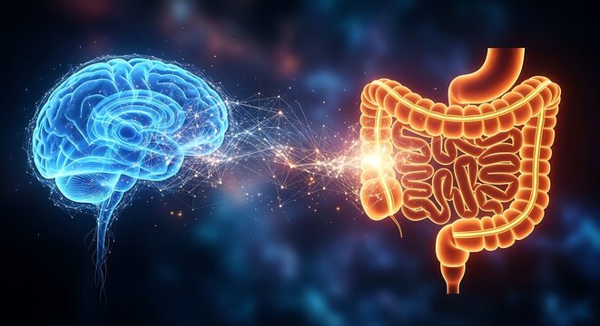 Medical illustration of the gut-brain axis connection showing neural pathways between the brain and digestive system