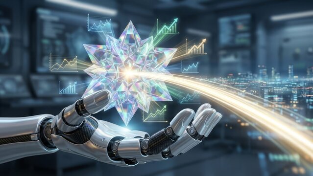 Robotic hand holding an abstract glowing geometric crystal connected to financial graphs and a futuristic city skyline, representing artificial intelligence in data analysis and financial technology - Powered by Adobe