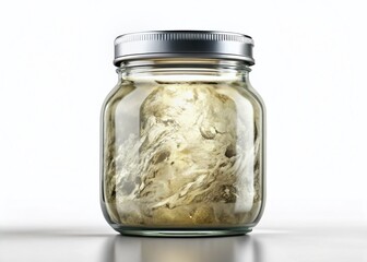 Empty Glass Sauce Bottle, Closed Metal Lid, White Background Stock Photo