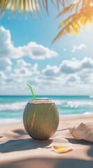 Coconut drink on beach with sunlit ocean view.