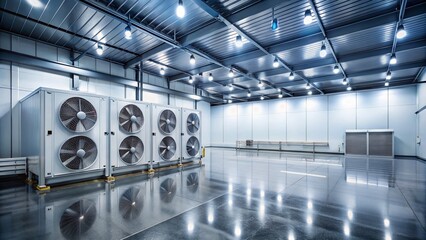 Empty Industrial Freezer Room, Cold Storage Refrigeration Chamber with Four Fans - High Depth of Field Stock Photo