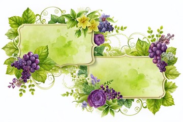 Empty Lime & Purple Floral Invitation Labels with Grapevine &ndash;  Elegant Wedding Stationery Design