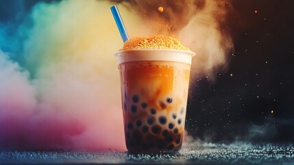 Colorful bubble tea in a vibrant atmosphere.