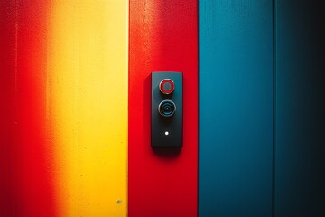 Colorful doorbell on vibrant wall background.