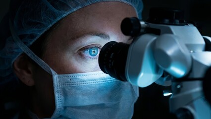 Female surgeon wearing a protective mask, surgical cap, and gown, meticulously examining a patient through a microscope during a delicate medical procedure in a dark operating room