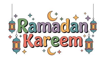 Ramadan Kareem Illustration: Festive and colorful illustration celebrating Ramadan Kareem, featuring traditional lanterns and crescent moons, designed with vibrant pastel colors.
