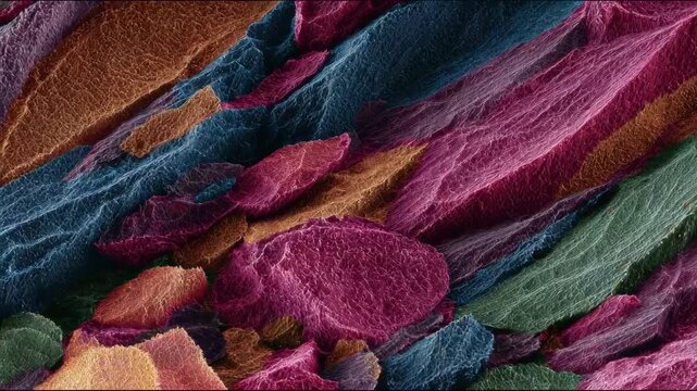 Electron microscopy medium shot capturing subtle grain growth patterns with color variations to illustrate microstructure evolution under thermal treatment