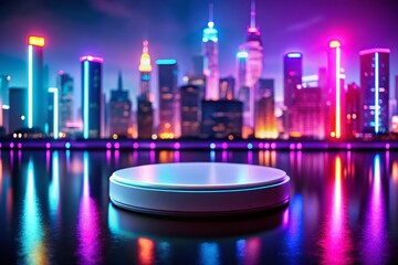 Empty Product Podium on Neon Cityscape Background - Presentation Stage for New Product Launch