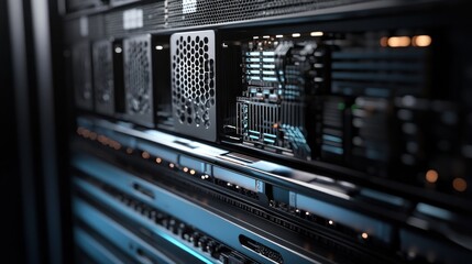 Server rack interior, cooling, data center, glowing components