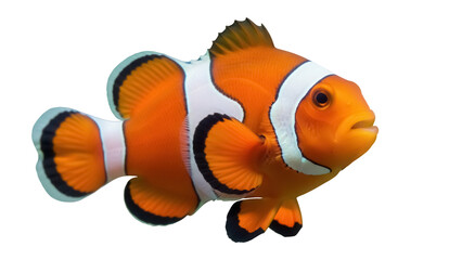 Orange clownfish PNG isolated on transparent background, vibrant tropical reef fish with distinctive white stripes for marine life designs