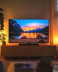 Cozy living room with a sunset view on TV.