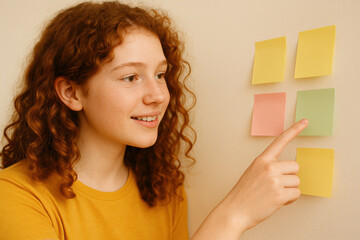 Curly haired teenage girl planning schedule with colorful sticky notes on wall, smiling student organizing tasks and ideas at home