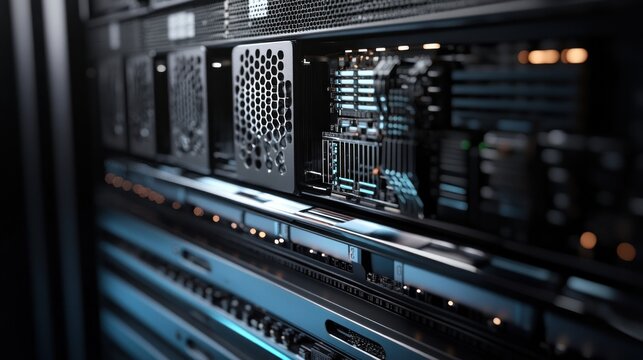 Server rack interior, cooling, data center,  glowing components - Powered by Adobe