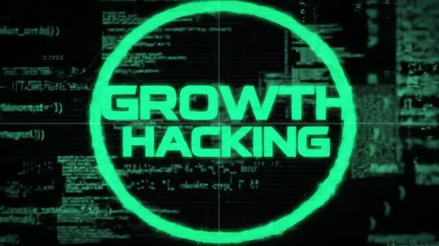 Green growth hacking text in a circle on a dark, glitching code background symbolizing digital tech strategy with cyber security and achievement.