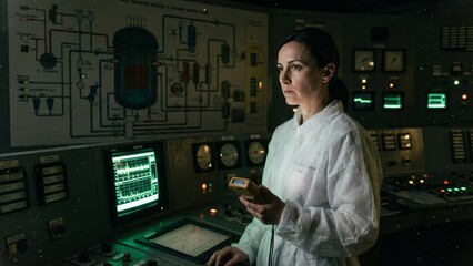 Female scientist in a lab coat holding measurement devices while monitoring data on screens and a reactor diagram in a high-tech control room, focusing on energy and safety