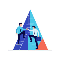 Fototapeta premium Pure flat 2D vector illustration of business characters climbing a stylized geometric chart peak, symbolizing teamwork, support, and shared success by lending a helping hand.