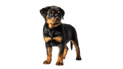 Fototapeta premium Adorable Rottweiler puppy PNG isolated on transparent background, cute black and tan dog breed for pet lovers and design projects