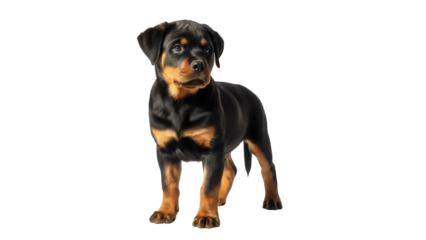 Adorable Rottweiler puppy PNG isolated on transparent background, cute black and tan dog breed for pet lovers and design projects