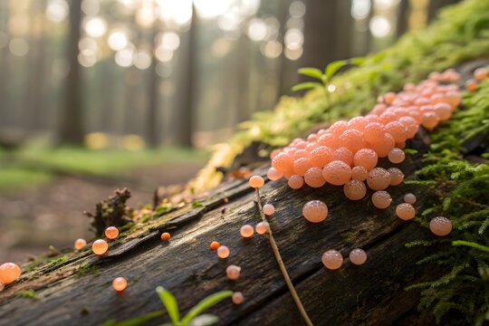 Salmon-Egg Slime Mold Macro Photography &ndash; Hemitrichia decipiens on Forest Wood