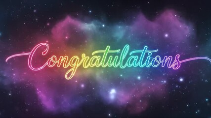 Sparkling "Congratulations" text overlay with colorful nebula and starry background