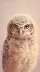 Obraz premium cute fluffy owl chick with curious look, pastel background, soft diffused lighting, vertical portrait