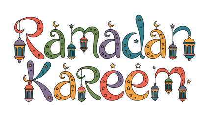 Ramadan Kareem Illustration: Festive Ramadan Kareem text art, adorned with lanterns and celestial elements, a vibrant celebration of the holy month.