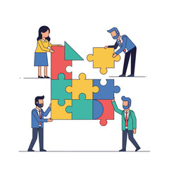 Diverse business team completing a complex geometric jigsaw puzzle, symbolizing successful project synergy and teamwork, presented as a vibrant pure flat 2D vector illustration.