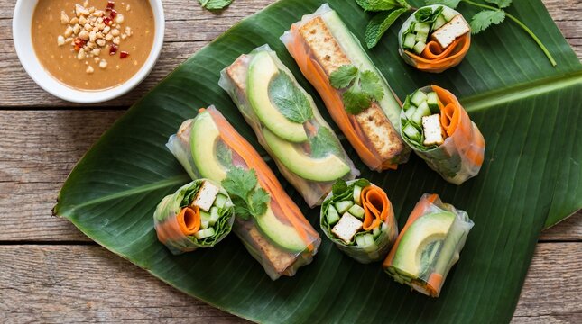Vietnamese fresh spring rolls featuring rice paper filled with tofu, avocado, cucumber, and carrot, served on a banana leaf with a savory peanut dipping sauce for a healthy vegan meal