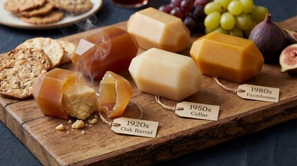 Assorted cheese varieties presented in unique geometric shapes, accompanied by traditional food pairings like crackers, fresh grapes, and figs, creating an artisanal tasting experience