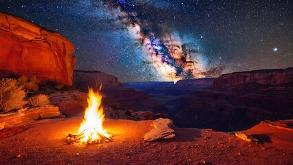 Glowing campfire burning in rocky desert canyon at night time
