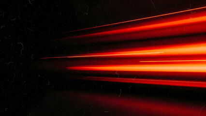 Dark Abstract Motion Blur, Horizontal Red-Orange Light Streaks, Textured Vintage Film Grain Image, Energetic Long Exposure Lights, Moody Bright Streaks on Dark Background