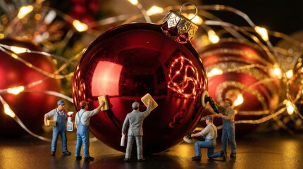 Fototapeta premium Miniature workers cleaning and polishing a large red Christmas ornament. Festive teamwork concept with shiny surface, holiday lights and warm golden bokeh background.