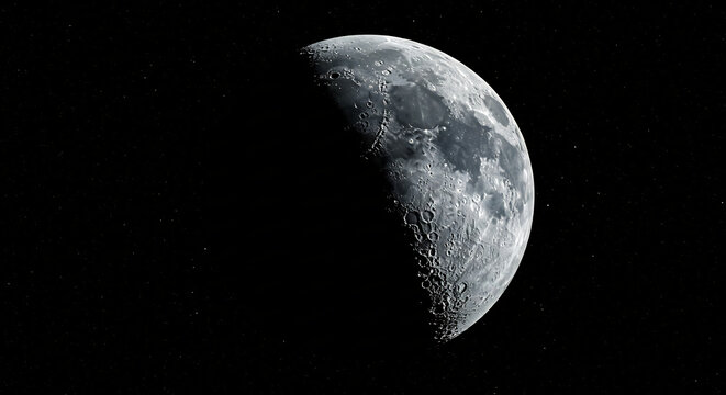 Superbe quartier de lune eclaire par une lumiere vive revelant ses craters dans l'immensite sombre de l'espace. AI Generated