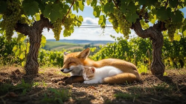 Fox and Kitten Sleeping Together Under Grape Vines in Vineyard