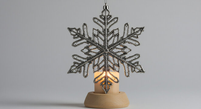 D�coration festive flocon argent� brillant au-dessus bougie allum�e flamme dor�e lumi�re douce ambiance cozy No�l. AI Generated