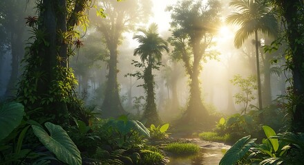 Lush tropical forest scene with sunlight streaming through trees