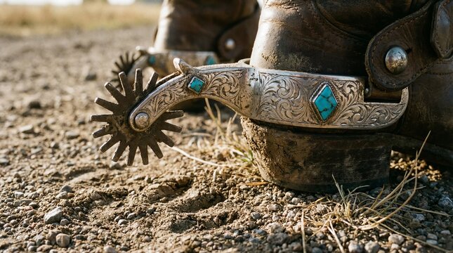 Cowboy boots with decorative silver spurs featuring turquoise embellishments are standing on rough ground, representing western heritage, tradition, and the ranch lifestyle