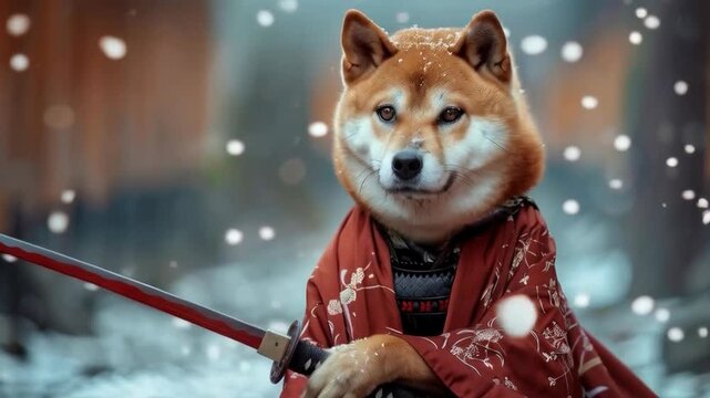 Snowflakes swirl around a shiba inu in traditional Japanese clothing with a sword, combining mysticism and culture &mdash; an excellent thematic backdrop for art projects or fantasy games.

