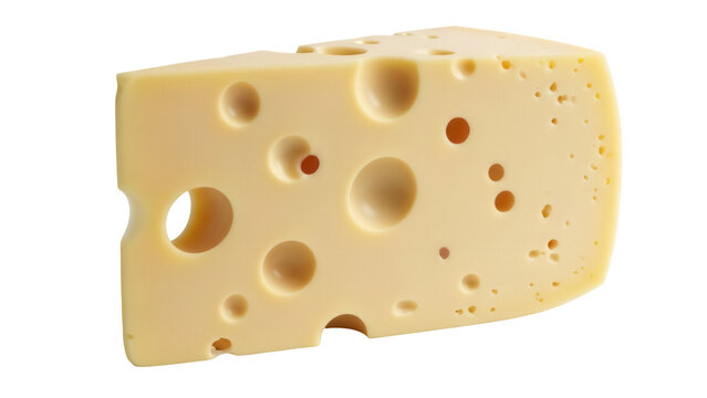 Swiss cheese wedge PNG isolated on transparent background, dairy product with holes for food preparation and culinary design