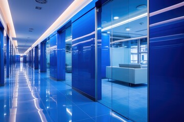 Empty modern office corridor featuring vibrant blue walls, glass partitions, and a reflective floor